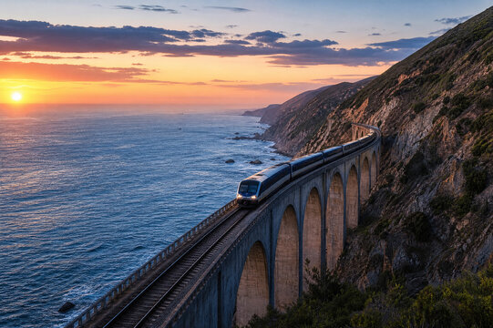 Train crossing a coastal railway viaduct at golden sunset