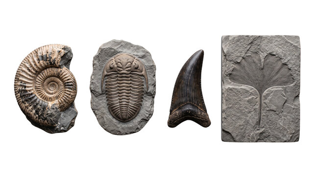 Ancient prehistoric fossils including ammonite trilobite shark tooth and ginkgo leaf collection on transparent background