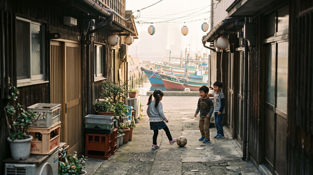 Ni&ntilde;os jugando cerca de barcos pesqueros luz suave de niebla costera