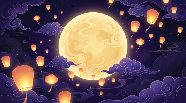 Beautiful mid autumn festival bg featuring a glowing full moon and floating paper lanterns in the night sky