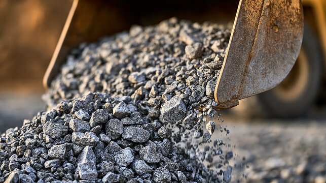 An excavator bucket dumps crushed stones at a construction site. Represents industrial development and infrastructure project themes.