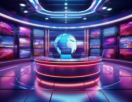 digital newsroom background featuring a 3d virtual studio design