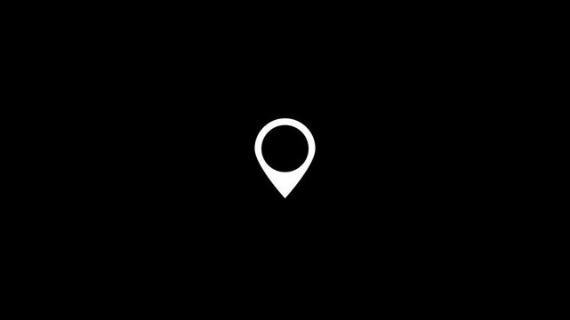 Minimalist white map location pin animation on black background, map pin location, navigation marker destination