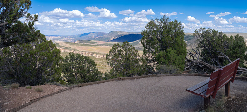 Panorama of a bench at the Iron Springs Overlook Bench Overlook at Dinosaur National Monument, Colorado, USA