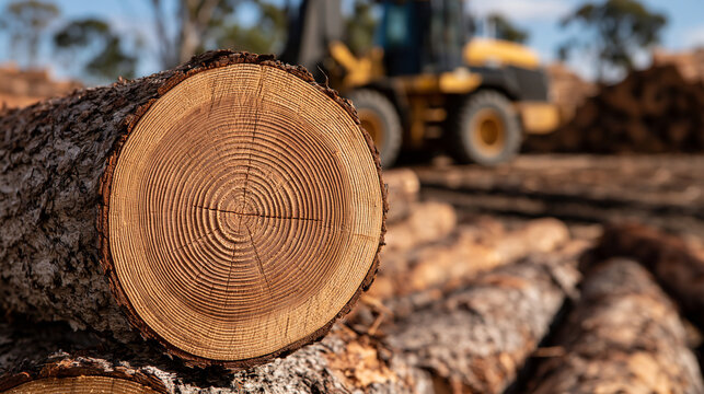 Close-up of a cut tree log showing annual rings with heavy machinery in the background. Concept of sustainable timber logging and forestry industry.