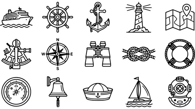 Set of nautical and marine icons featuring cruise ship anchor lighthouse and maritime equipment