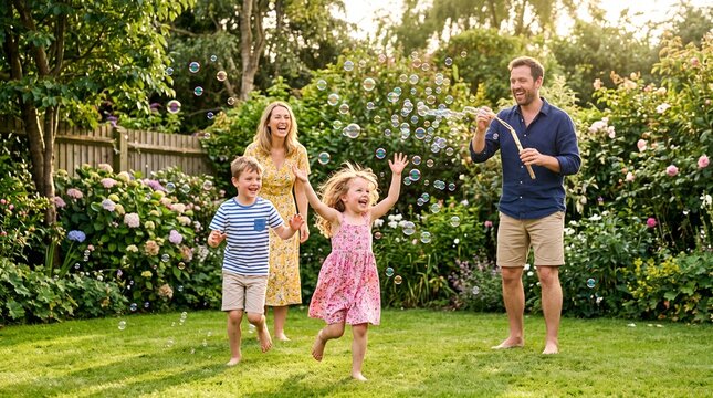 Family Blowing Bubbles in Garden