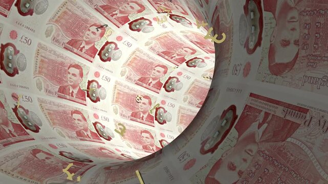 Infinite loop of moving through a tunnel made of british pound sterling banknotes