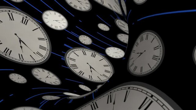 Infinite journey through a surreal time tunnel portal with flying clocks