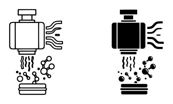Scientific Experiment Icons: Molecular Research, Laboratory Equipment, Chemical Analysis, Black and White Vector Graphics