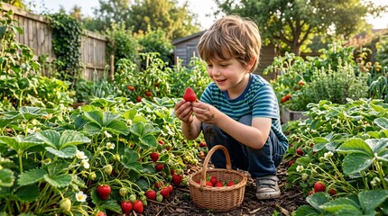 Fototapeta premium Boy Picking Strawberries