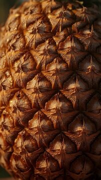 Pineapple skin displays precise repeating diamond geometry as warm sunlight reveals intricate natural texture details.