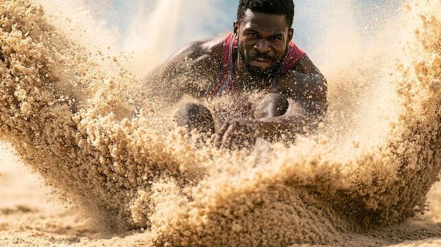 54. A dramatic close-up action shot of a male triple jumper hitting the sand pit. A violent explosion of sand particles completely surrounding the lower frame, muscles in his legs under extreme 