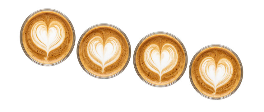 Coffee latte art heart cups in diagonal row top view flat lay on black background for espresso love banner background, hot cappuccino drink foam design, cafe menu card copy space template.