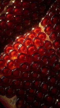 Ruby pomegranate arils create an elegant geometric composition while translucent seeds shimmer beneath moving illumination.