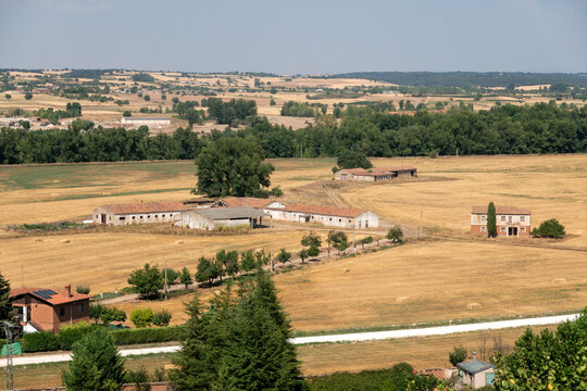 Elevated view from Mirador de los Arcos over the countryside near Lerma, Burgos Province, Castile Leon, Spain, featuring golden agricultural fields, rural farm buildings, and the Arlanza river valley.