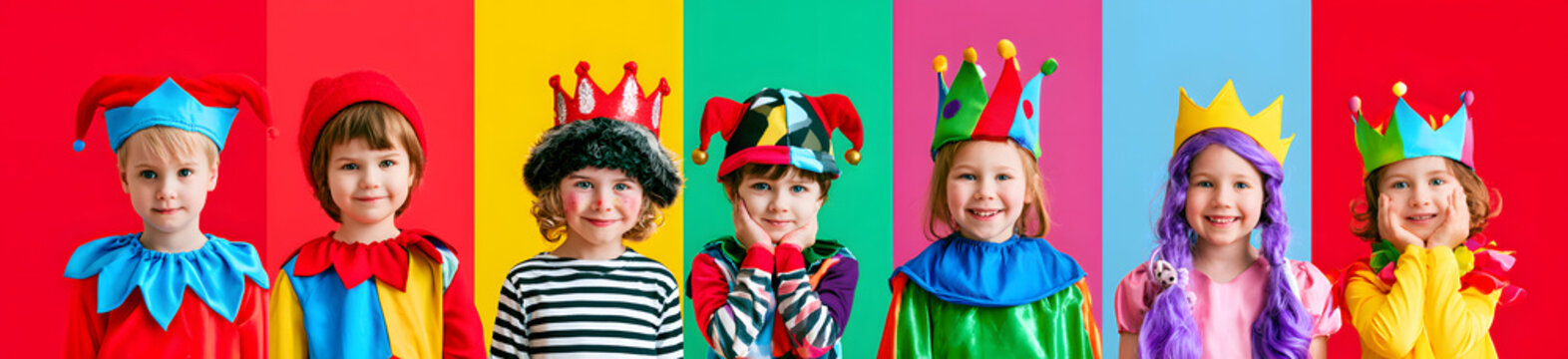 Kids in colorful costumes on a vibrant background.