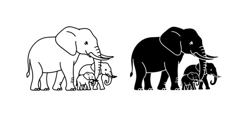 Elephant Family Silhouette, Outline Vector Art, Cute Baby Elephants, Safari Wildlife Icons © RimonIslam