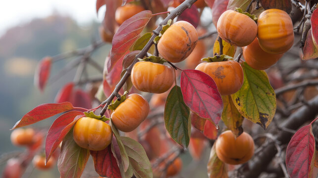 Ripe orange persimmons on autumn tree branches. Vibrant fall foliage with persimmon fruit. Seasonal harvest in orchard.