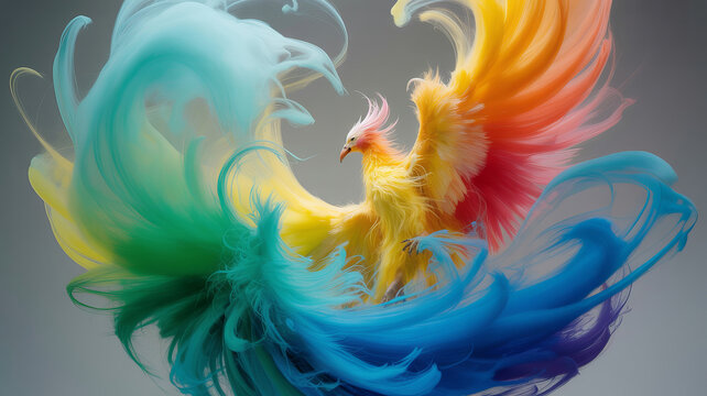 Vibrant phoenix bird made of colorful ink swirls. Mythical creature with rainbow smoke wings. Artistic abstract firebird concept.