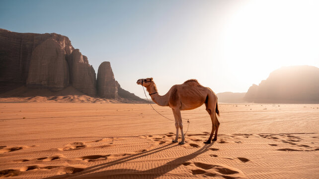 Majestic dromedary camel in desert landscape. Golden sand dunes and sandstone mountains at sunset. Arabian desert travel and adventure.