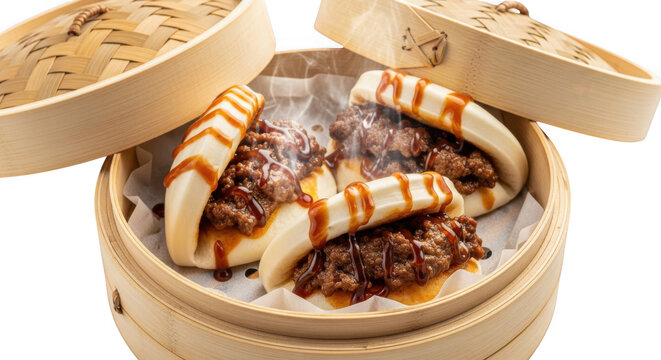 Steamed bao buns with savory meat filling in a bamboo steamer