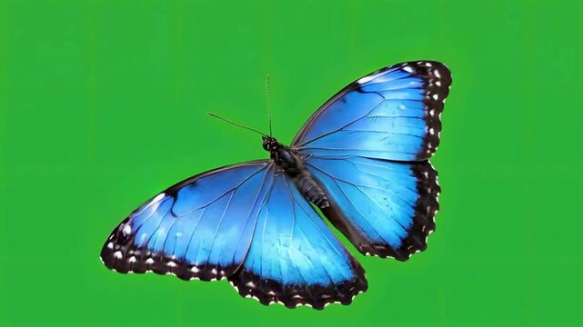 Beautiful Blue Morpho Butterfly Flying on Green Screen Chroma Key Background