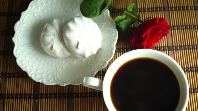 Hot Black Coffee with Steam, White Zephyr Marshmallows and Red Rose, Romantic Morning Breakfast Still Life Backdrop, 4K