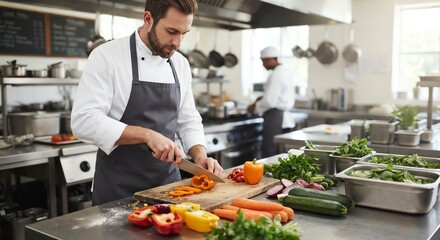Fototapeta premium Professional male restaurant chef preparing fresh vegetables on a stainless steel preparation bench inside a busy commercial kitchen