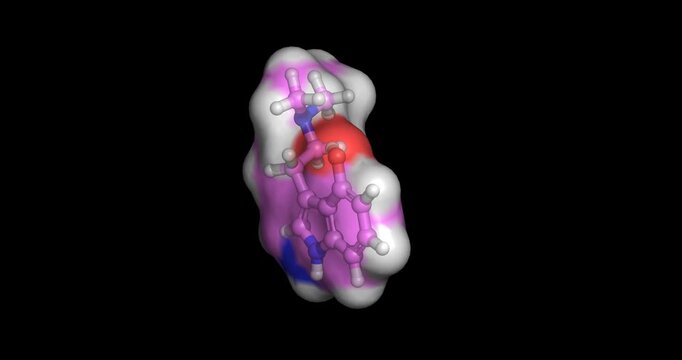 Psilocin, active psychedelic tryptamine and serotonin receptor agonist from magic mushrooms, 3D molecule spinning, 4K