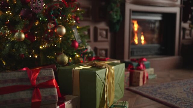 Many gift boxes in classical Christmas decorated interior living room library with fireplace. Christmas gift near fir tree. Modern classic style interior design apartment. Christmas eve at home