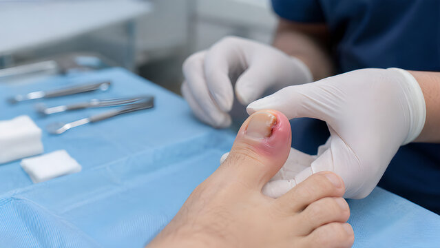 Ingrown Toenail With Early Paronychia Clinical Procedure Photo Showing Inflamed Nail Fold Treatment by Gloved Healthcare Professional for Medical Education, Podiatry and Patient Communication