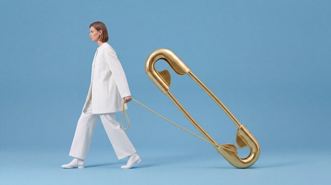 Woman in White Pulling Giant Golden Safety Pin