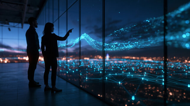 Businesspeople Analyzing Big Data Network Over Smart City