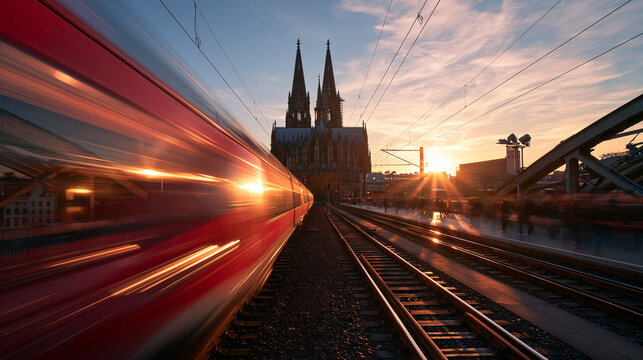 Speeding Train on Bridge Approaching Cologne Cathedral at Sunset