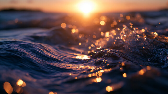 Ocean Wave Surface with Golden Bokeh Light at Sunset