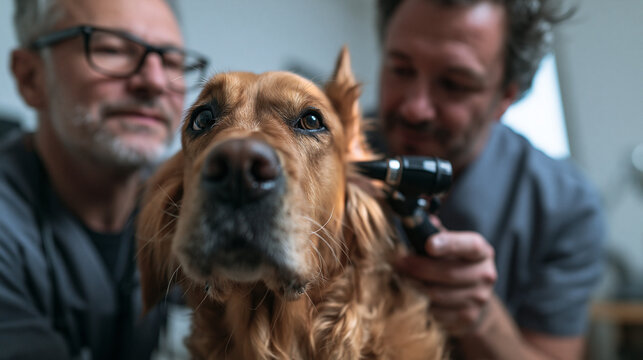 Veterinarian Examining Dog Ear with Otoscope in Clinic