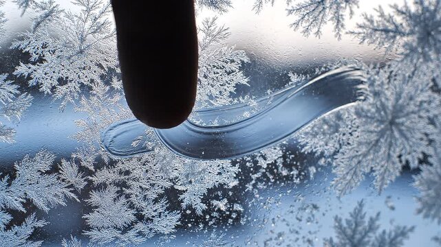 Finger tracing shapes on frosty window glass, winter ice crystal texture