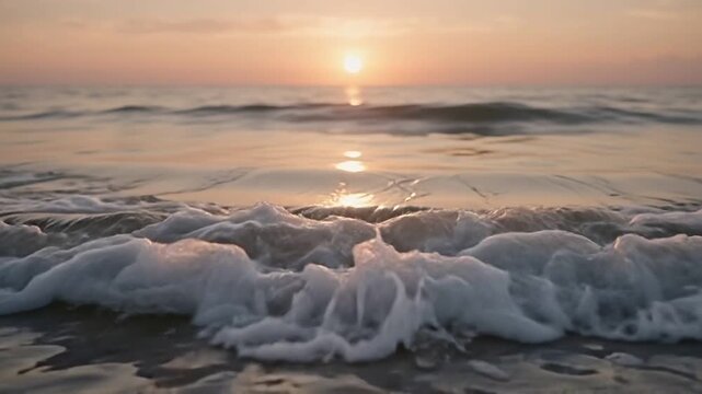 Ocean wave rolling ashore at golden sunset, close-up water view