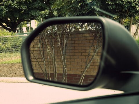 Car side mirror reflection showing trees, a brick wall, and a suburban street scene during a daylight drive
