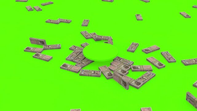 Japanese yen money stacks draining into a central hole