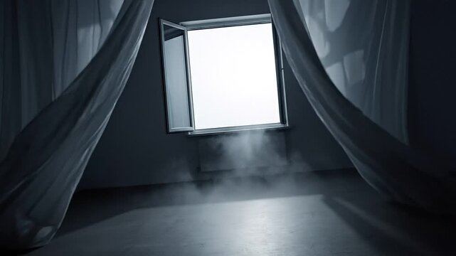 Fluttering curtains in empty room in classic suspense thriller style, muted colors, unseen presence concept with copy space