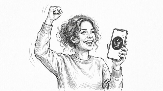 Mulher feliz comemora sucesso em compras online com smartphone