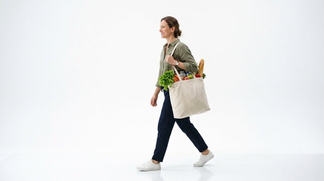 Woman walking with reusable shopping bag full of groceries and bread