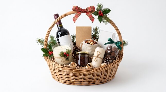 Christmas Gift Basket with Wine Candle Nuts and Chocolates