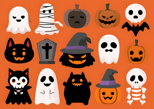 ハロウィンデザインのイラストレーションセット