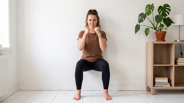 Athletic woman performing wall sit exercise at home, fitness training in bright living room, healthy lifestyle workout