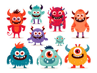 Fototapeta premium Cartoon monsters, cheerful halloween characters. Funny devils, weird aliens, and adorable creatures in flat vector style
