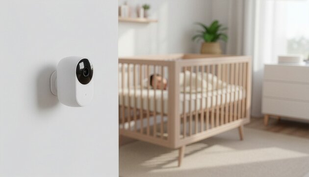 A modern white wireless smart security camera mounted on a wall, monitoring a sleeping baby in a wooden crib inside a bright and cozy contemporary nursery room