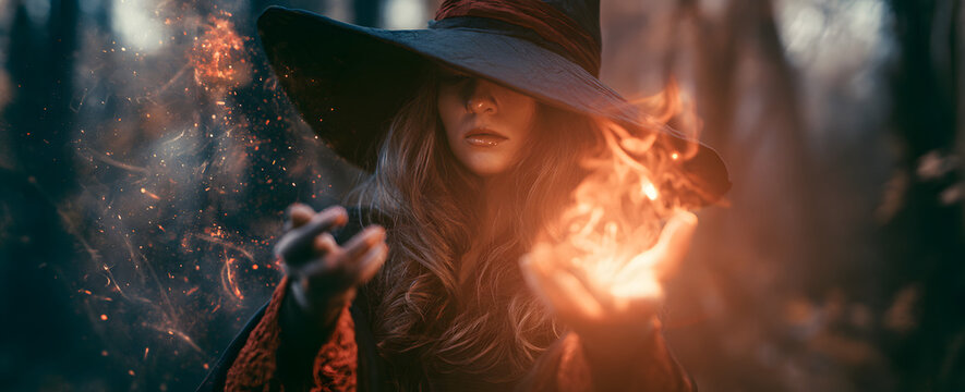 A young witch with a look of magic in her eyes, creating spells with her hands, standing under a spooky forest backdrop. The scene is set against a dark, magical forest. This Halloween party artwork d